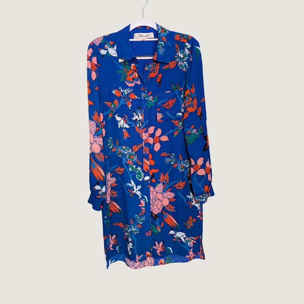 Diane von Furstenberg Prita Blue Floral Roll Tab Sleeve Shirt Dress Size 4